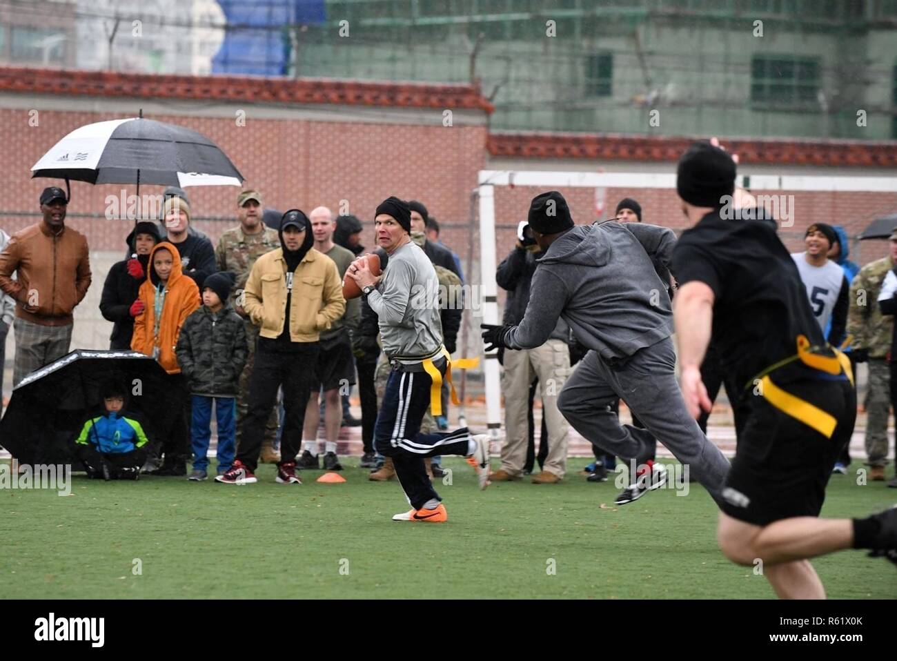 CAMP HUMPHREY, Republic of Korea – Soldiers assigned to 2nd Infantry Division/ROK-U.S. Combined Division participate in the 2018 Turkey Bowl at Zoekler Football Field Nov. 21 to encourage team building and esprit de corps. The officers versus enlisted Soldiers flag football game was the official start of the Warrior Thanksgiving weekend. Stock Photo