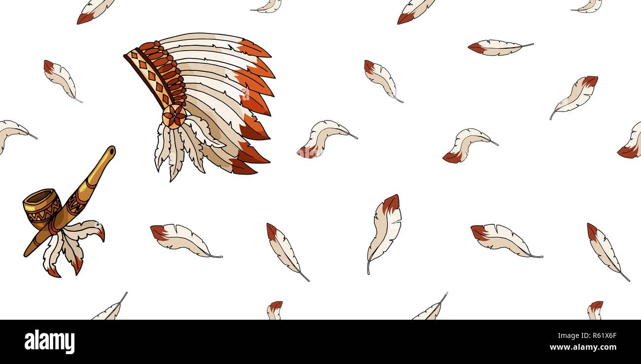 Warbonnet on white background. Rough festival feathers seamless pattern ...