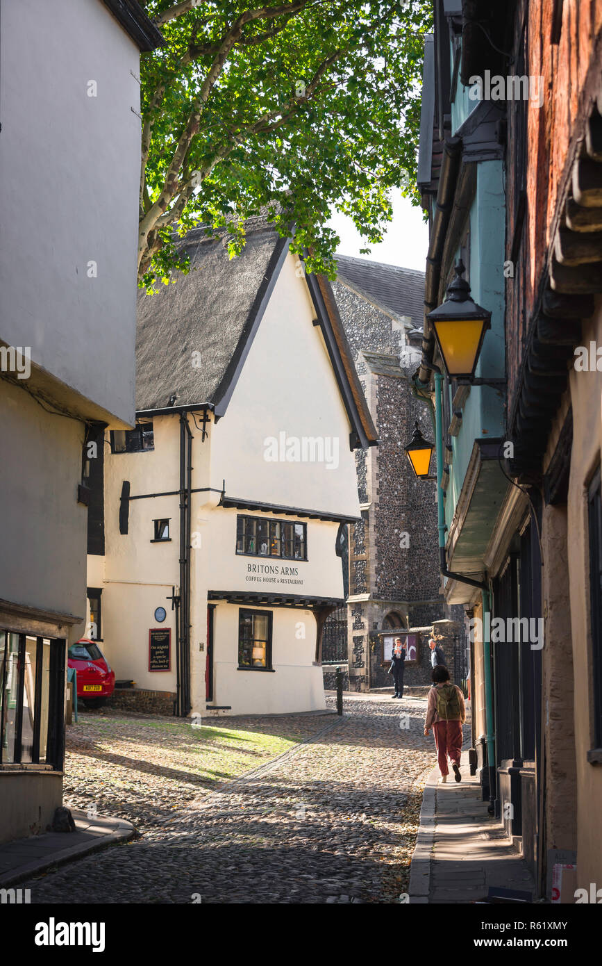 Elm Hill Norwich, view of people walking in the historic old town Elm