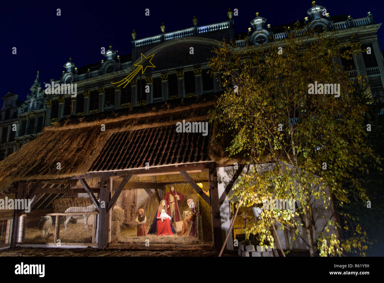 Model of birth of Jesus Christ at Grand-Place for Christmas, Brussels, Belgium Stock Photo