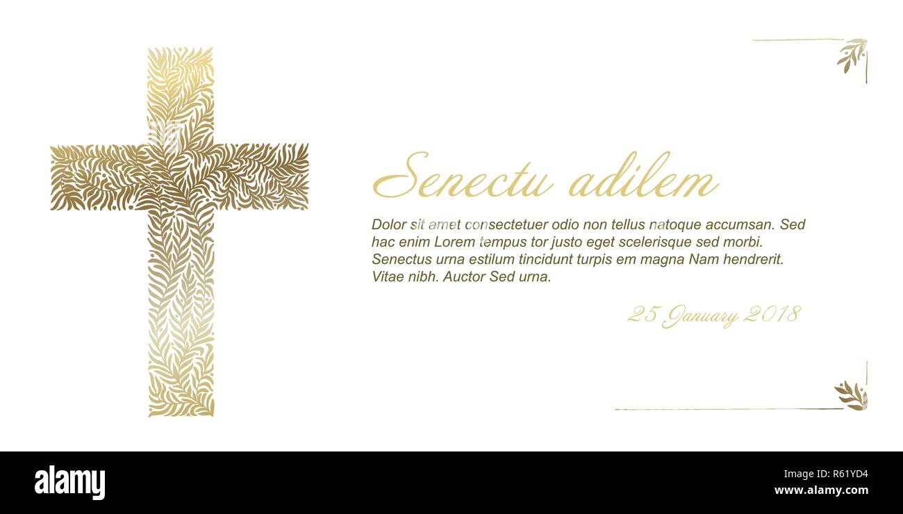 Funeral card template with golden cross made from leafs on white