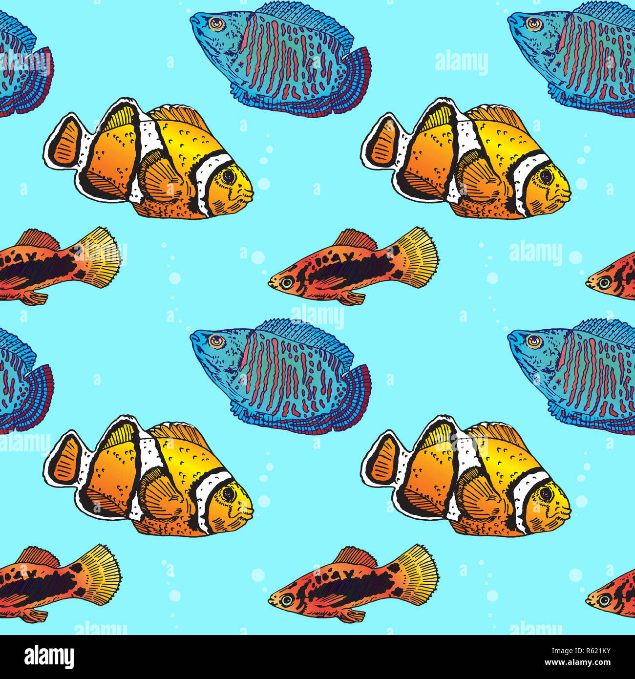Clownfish, Variatus Platy, Dwarf gourami, seamless pattern design, hand drawn doodle, sketch in pop art style, color illustration Stock Photo