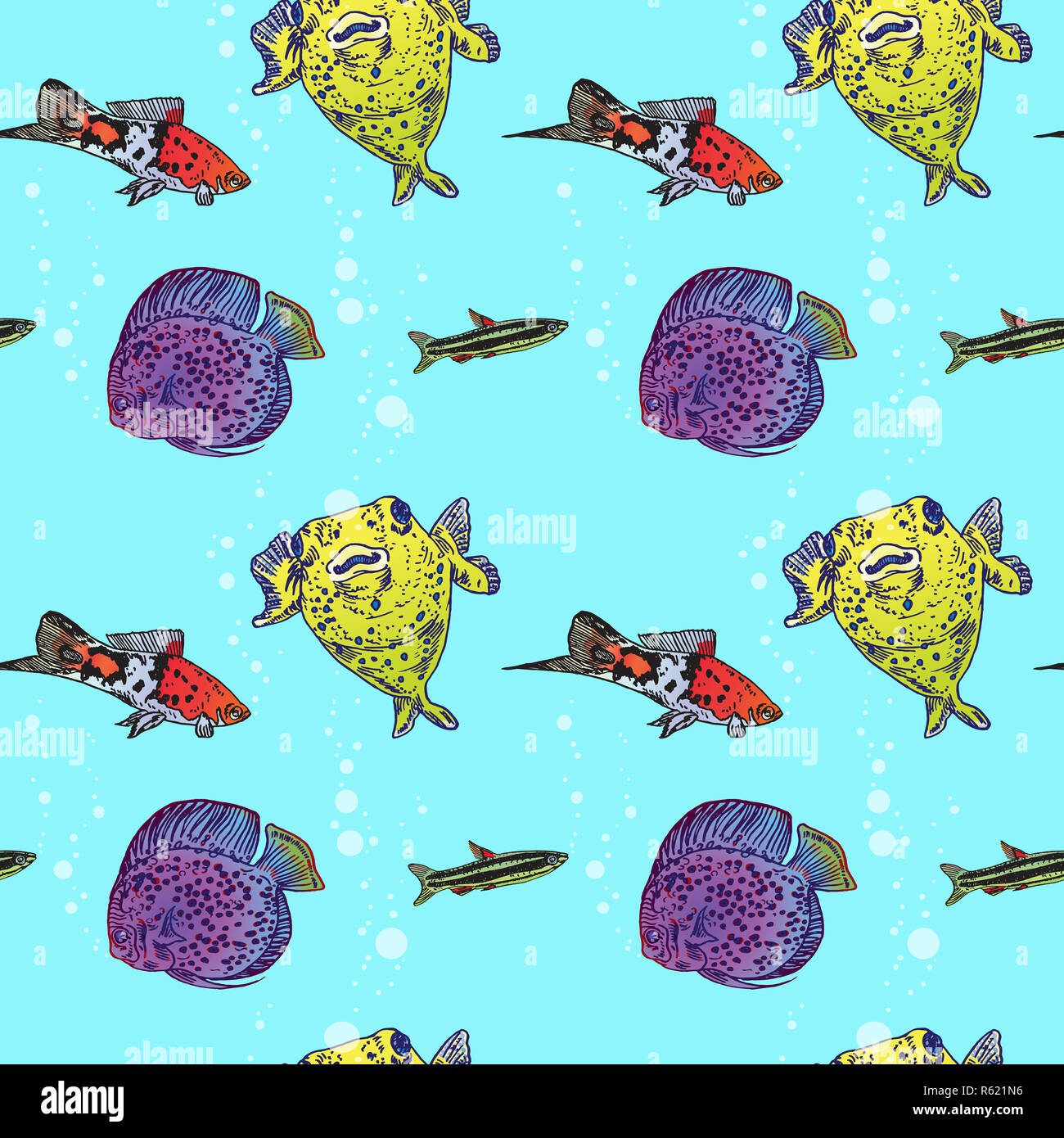 Dwarf pencilfish (Nannostomus marginatus), 'Showa' Swordtail, Pufferfish and Leopard Snakeskin Discus, seamless pattern design, hand drawn doodle Stock Photo