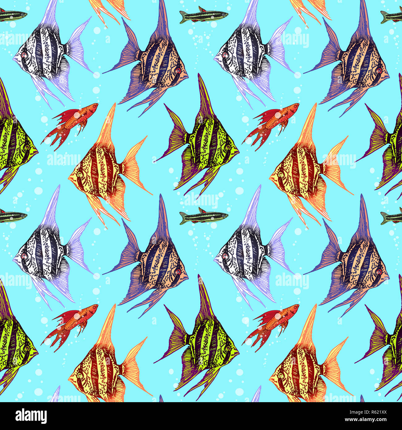 Angelfishes, Fancy Hi-fin Swordtail and Dwarf pencilfish, seamless pattern design, hand drawn doodle, sketch in pop art style, color illustration Stock Photo