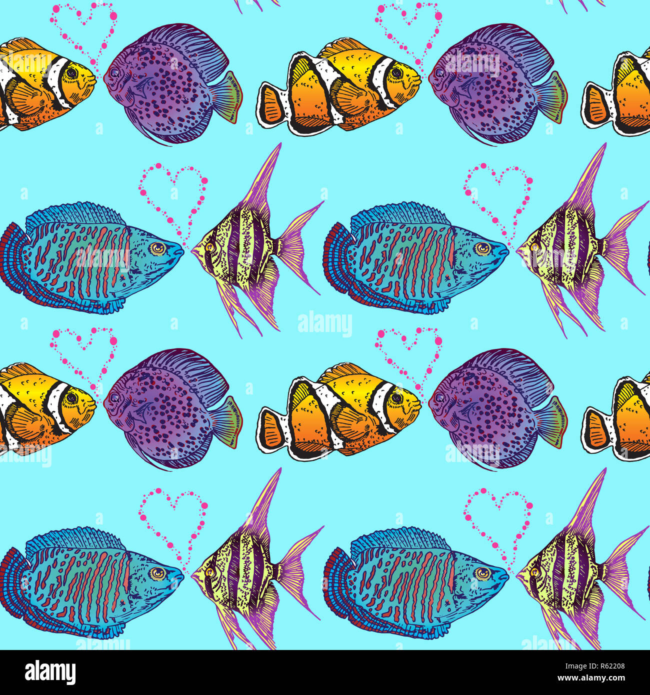 Clownfish and Leopard Snakeskin Discus, Angelfish and Dwarf gourami in love, pink bubbles in heart shape, seamless pattern design, hand drawn doodle Stock Photo