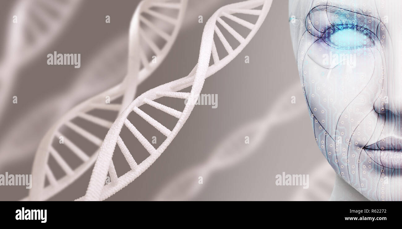 Beautiful cyborg female face among DNA stems. Stock Photo