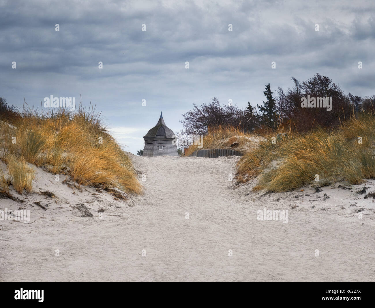 Old windmill in Vitte village on island of Hiddensee, off the Baltic coast of Northern Germany, space for your text Stock Photo
