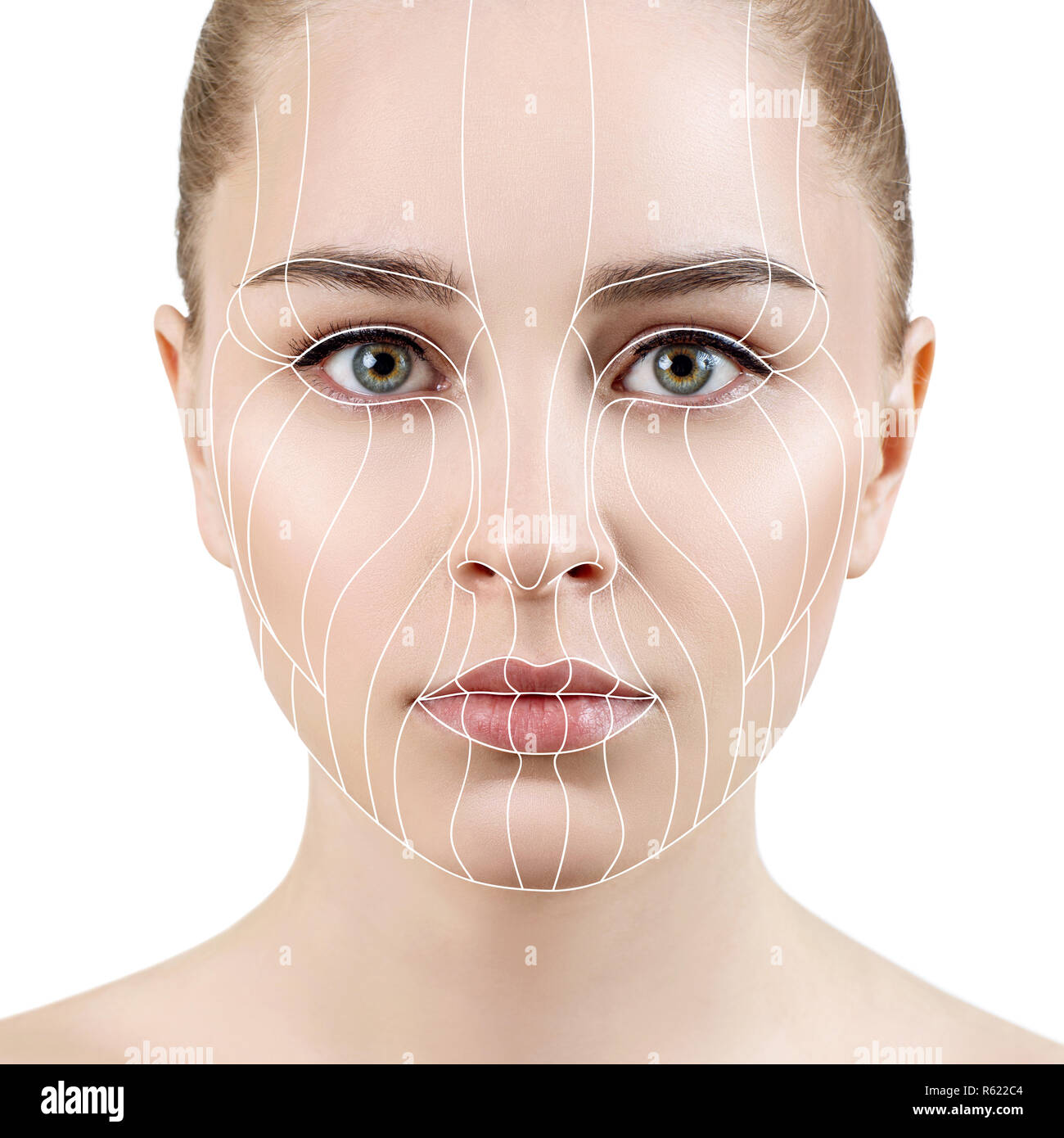 Graphic lines shows facial lifting effect on skin. Stock Photo