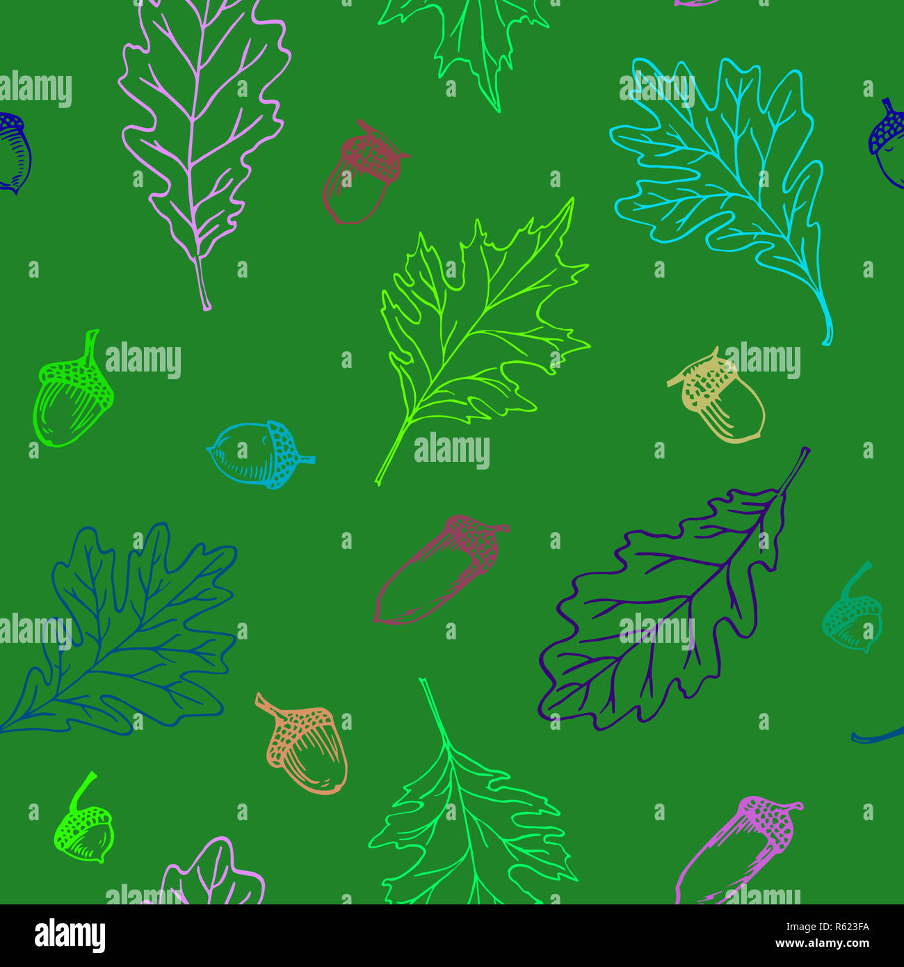Oak leaf and acorn, colorful seamless pattern design, hand drawn doodle ...