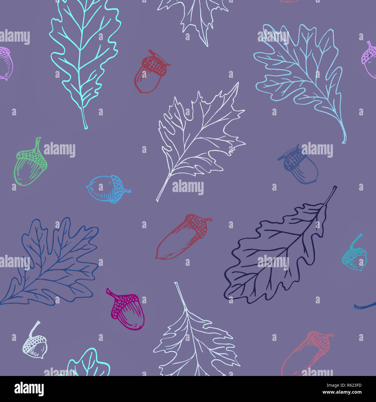 Oak leaf and acorn, colorful seamless pattern design, hand drawn doodle ...