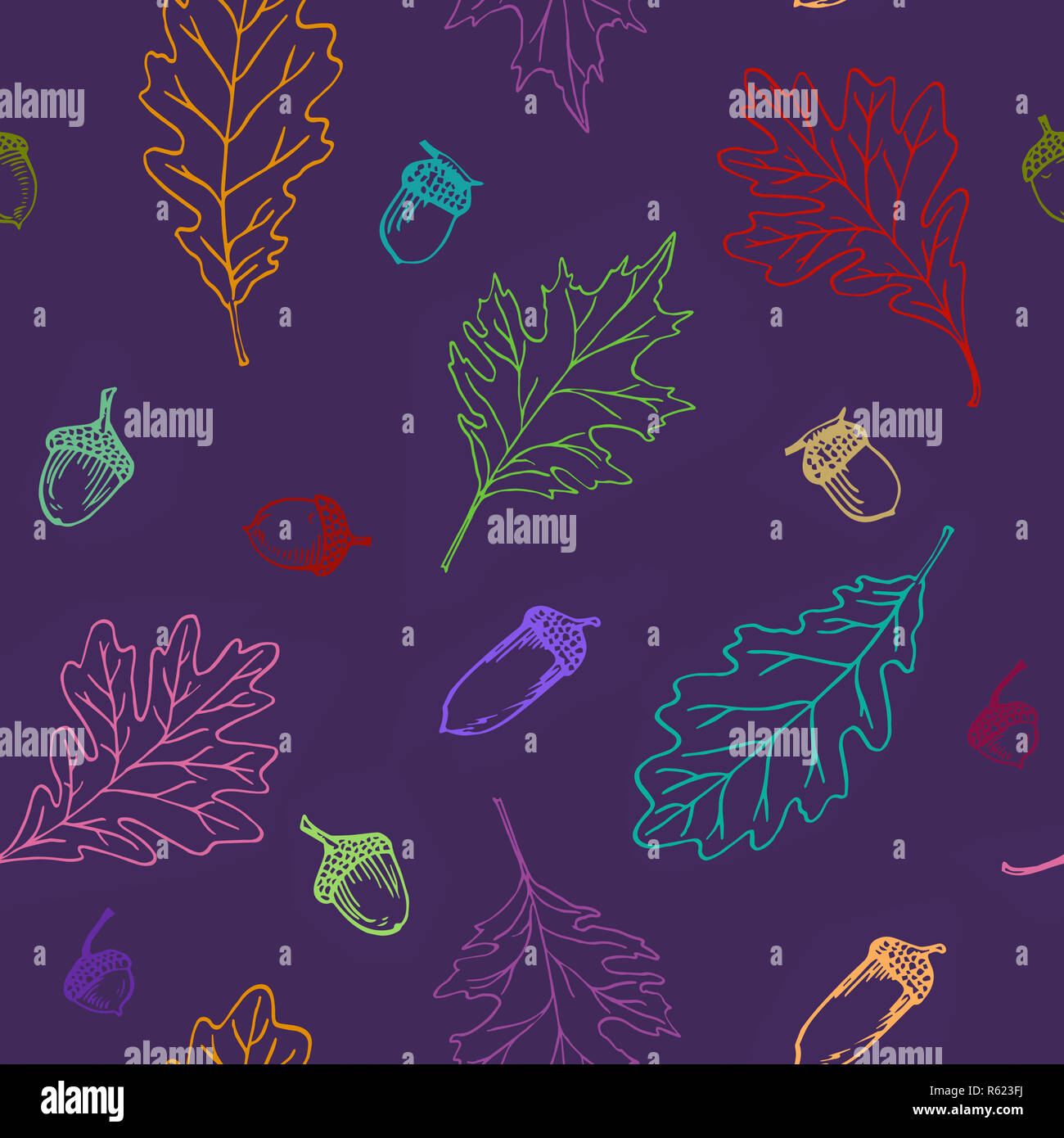 Oak leaf and acorn, colorful seamless pattern design, hand drawn doodle ...