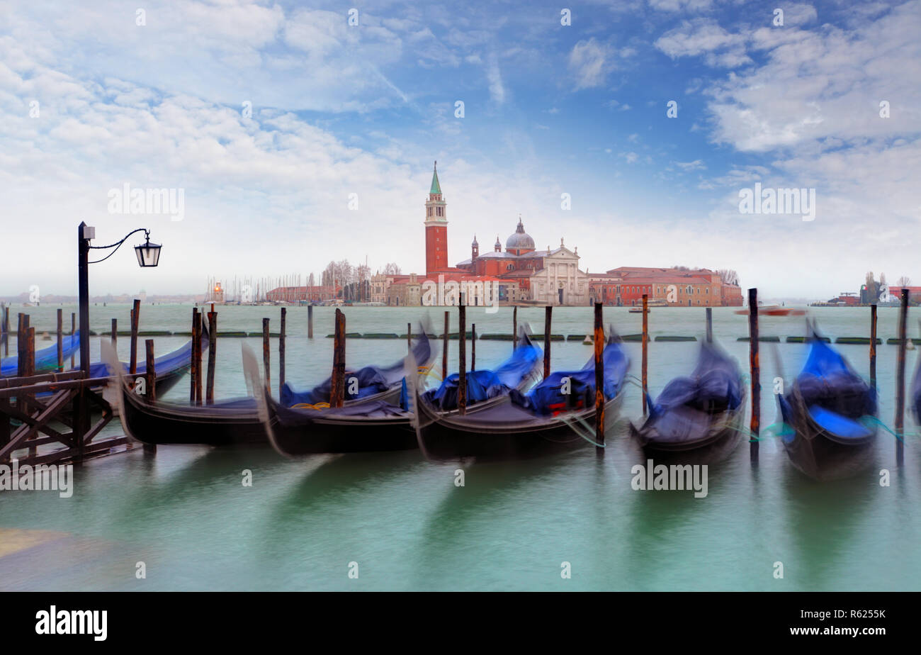 Gondolas with view of San Giorgio Maggiore, Venice, Italy Stock Photo
