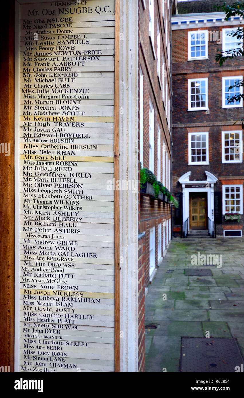 List of legal professionals working in the chambers in Pump Court, Inner Temple, London, England, UK. Stock Photo