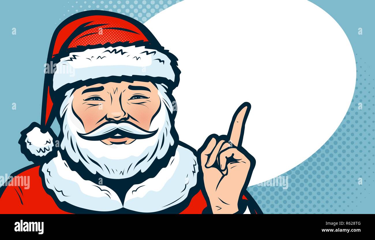 Santa Claus, index finger banner. Christmas concept. Cartoon vector illustration Stock Vector