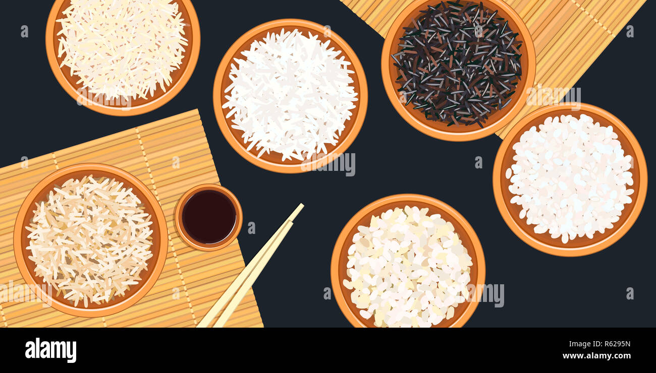 Different types of rice in ceramic bowls. Basmati, wild, jasmine, long
