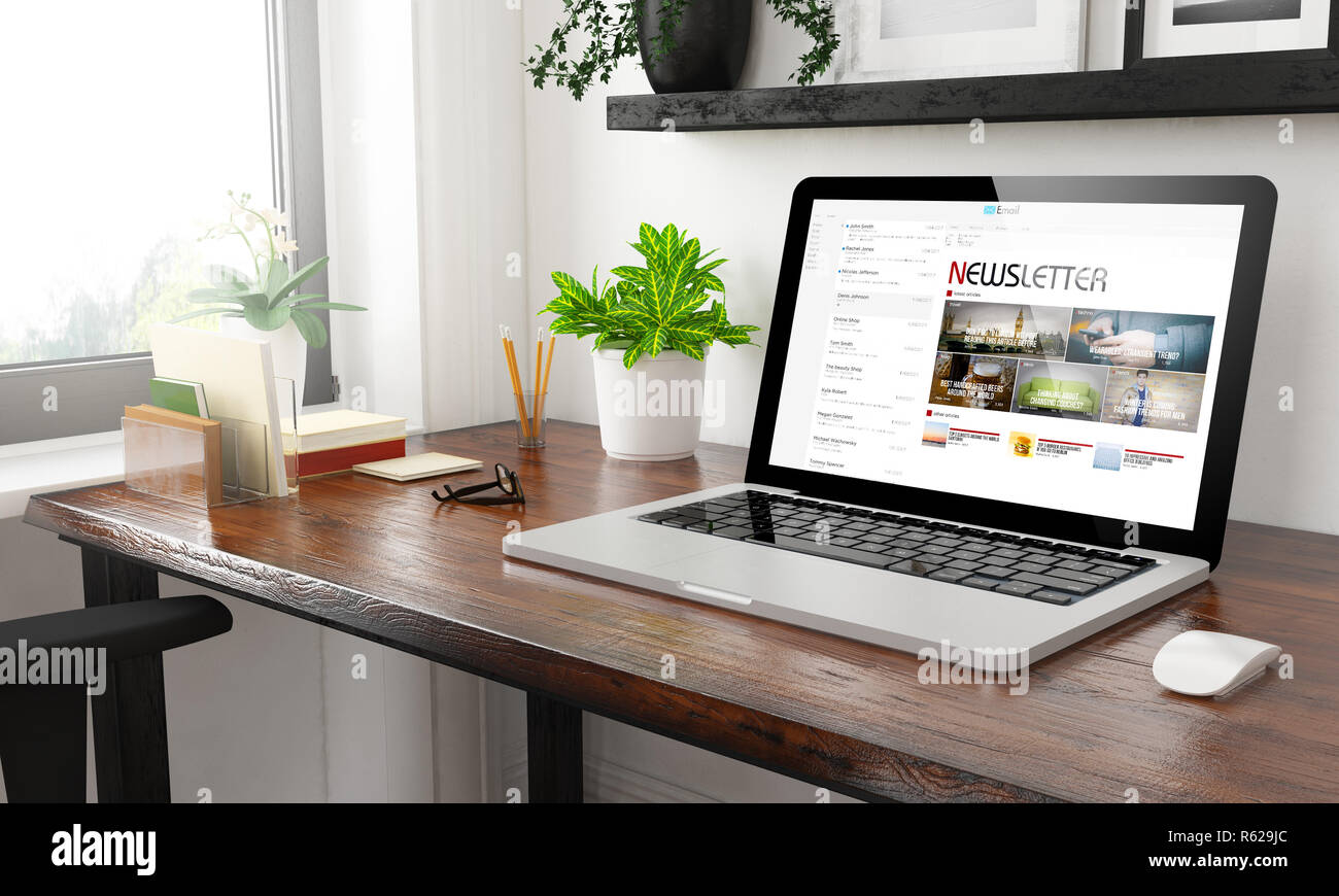 laptop at home office newsletter 3d rendering Stock Photo