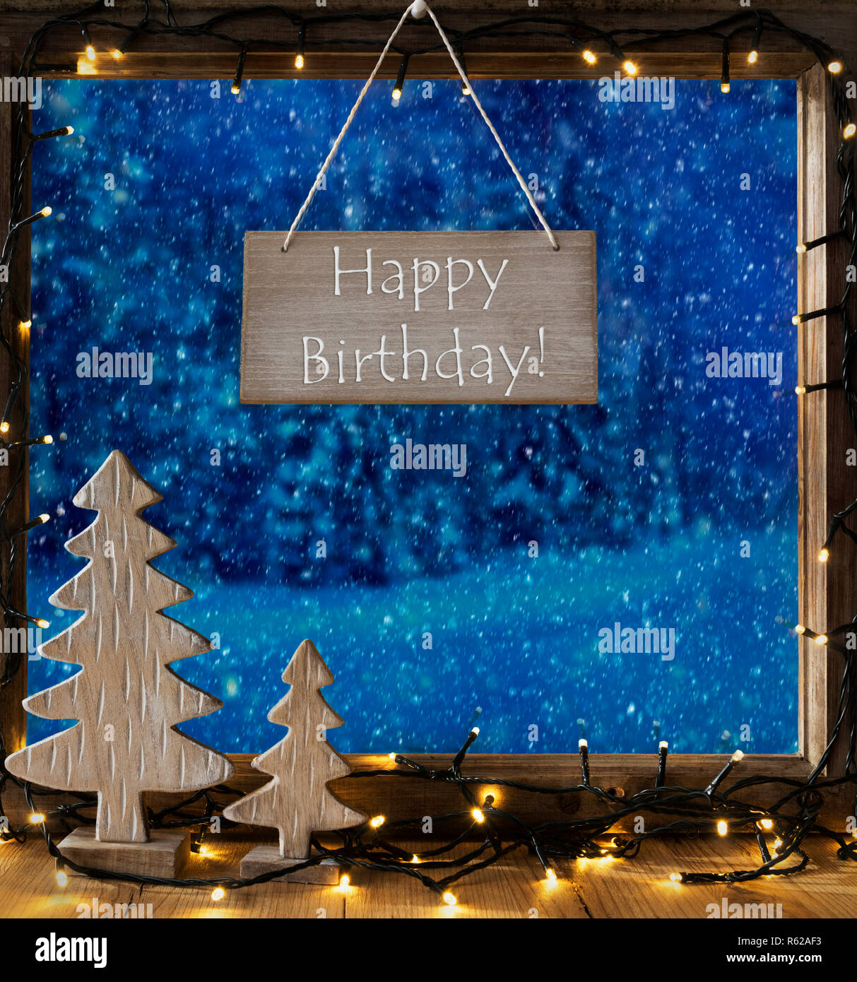 Window Winter Forest Text Happy Birthday Stock Photo Alamy