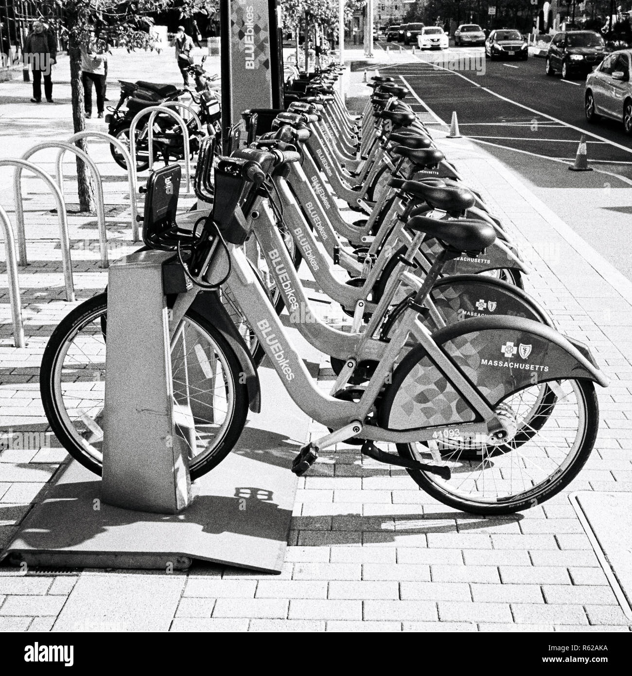 Boston Blue bikes, hire bicycles docking station, Atlantic Avenue