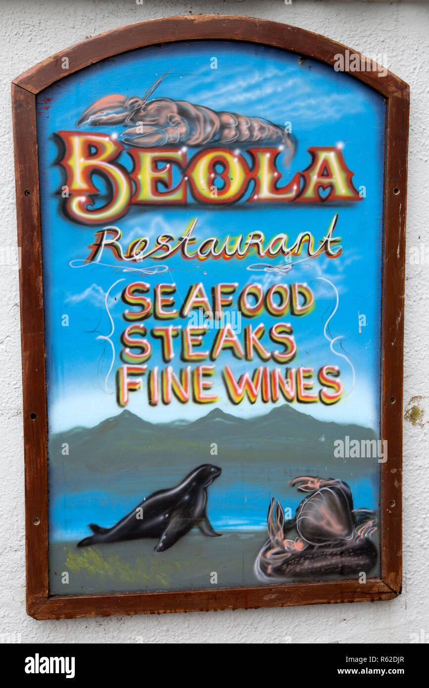 Beola Restaurant Sign in Roundstone; Connemara, Galway; Ireland Stock Photo