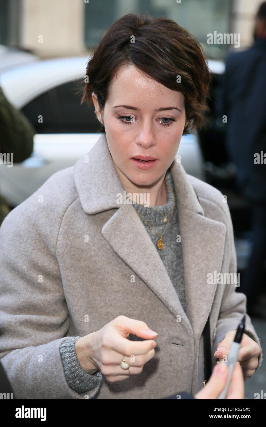 Claire Foy arriving at BBC Radio Two Studios to promote her new drama