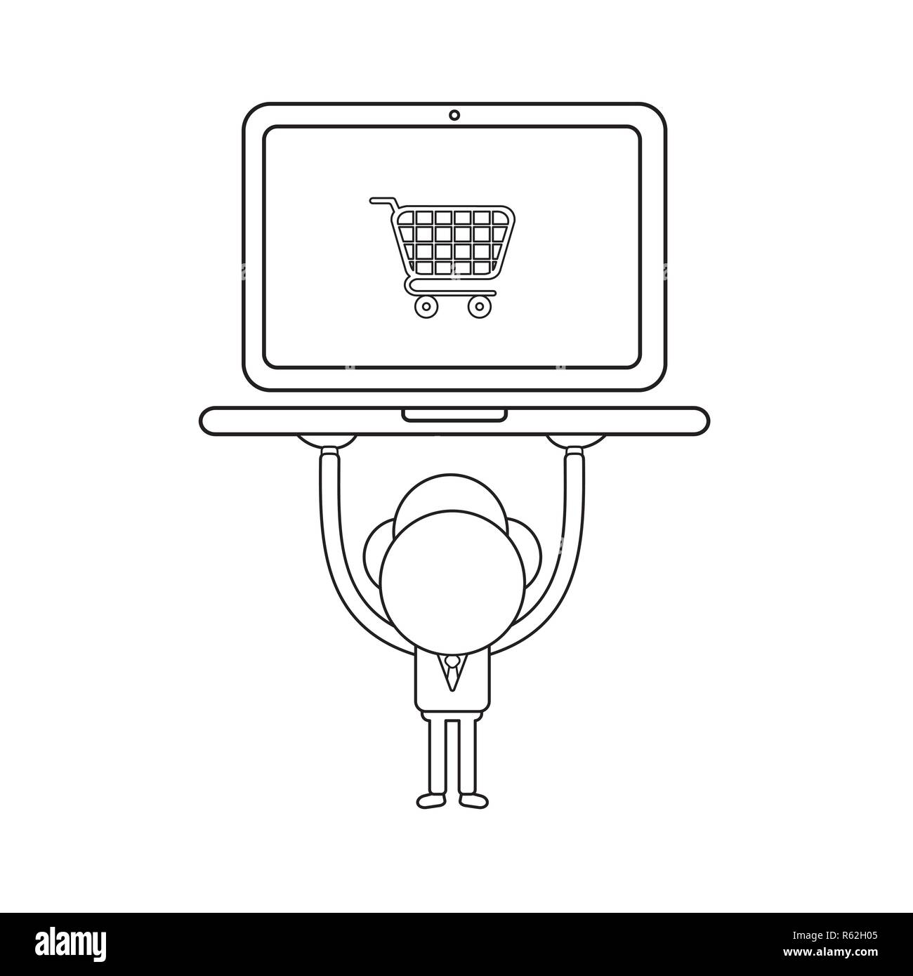 Vector illustration concept of businessman character holding up laptop ...