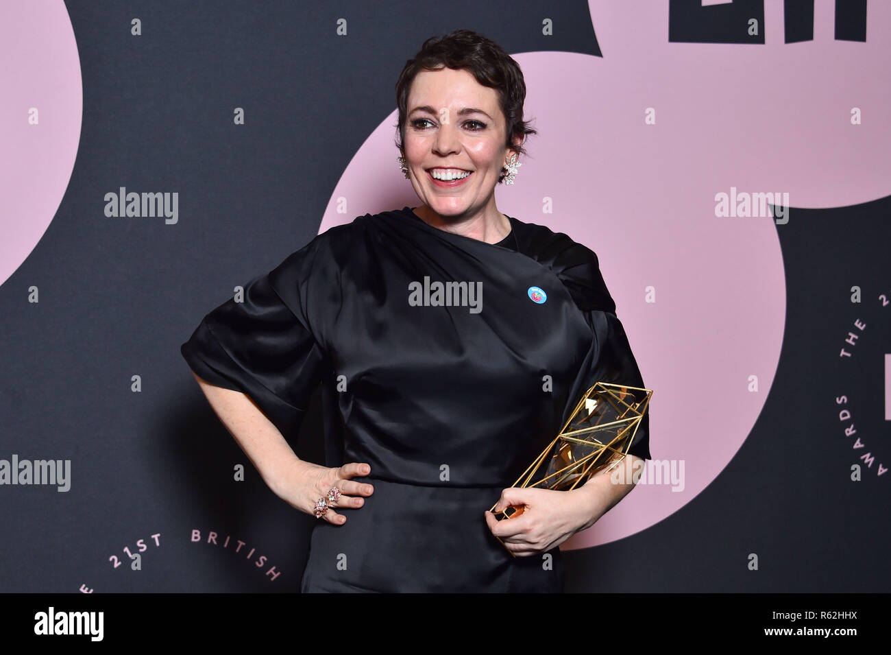 Olivia Colman collects the Best Supporting Actress award for Rachel Weisz, during the twenty-first British Independent Film Awards, held at Old Billingsgate, London Stock Photo