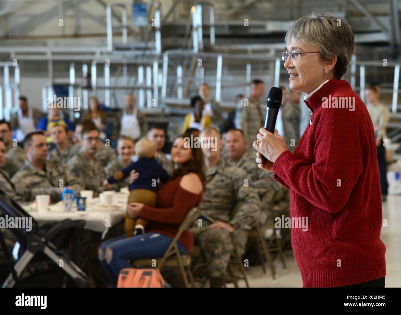 Secretary of the Air Force Heather Wilson thanked members of the 552nd Air Control Wing and their families for their service during their Thanksgiving Reception Nov. 16. Wilson toured several locations around Tinker during her visit, including the KC-135 programmed depot maintenance line, the Maintenance Repair and Overhaul Technical Center, the 76th Software Maintenance Group and the Reverse Engineering and Critical Tooling Lab. She was also given an overview of the KC-46A complex, the B-1 Integrated Battle Station modification and was able to help serve lunch for the 552nd ACW. Stock Photo