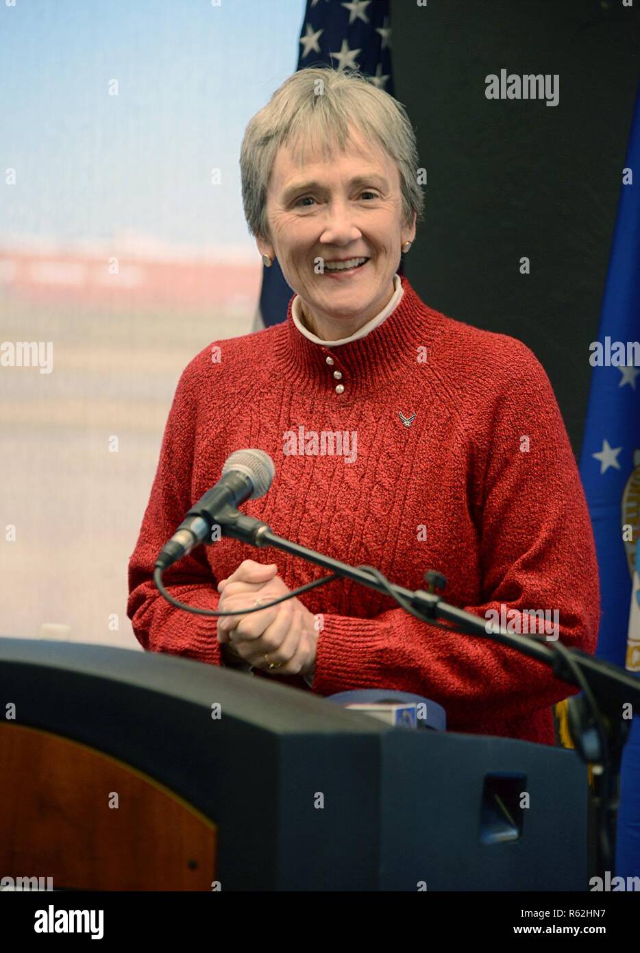 During her visit Nov. 16, Secretary of the Air Force Heather Wilson announced that Tinker Air Force Base has been chosen as the future site for depot maintenance and sustainment of the B-21 Raider, the next generation long-range strike bomber. Wilson is shown at the podium during the announcement. Stock Photo