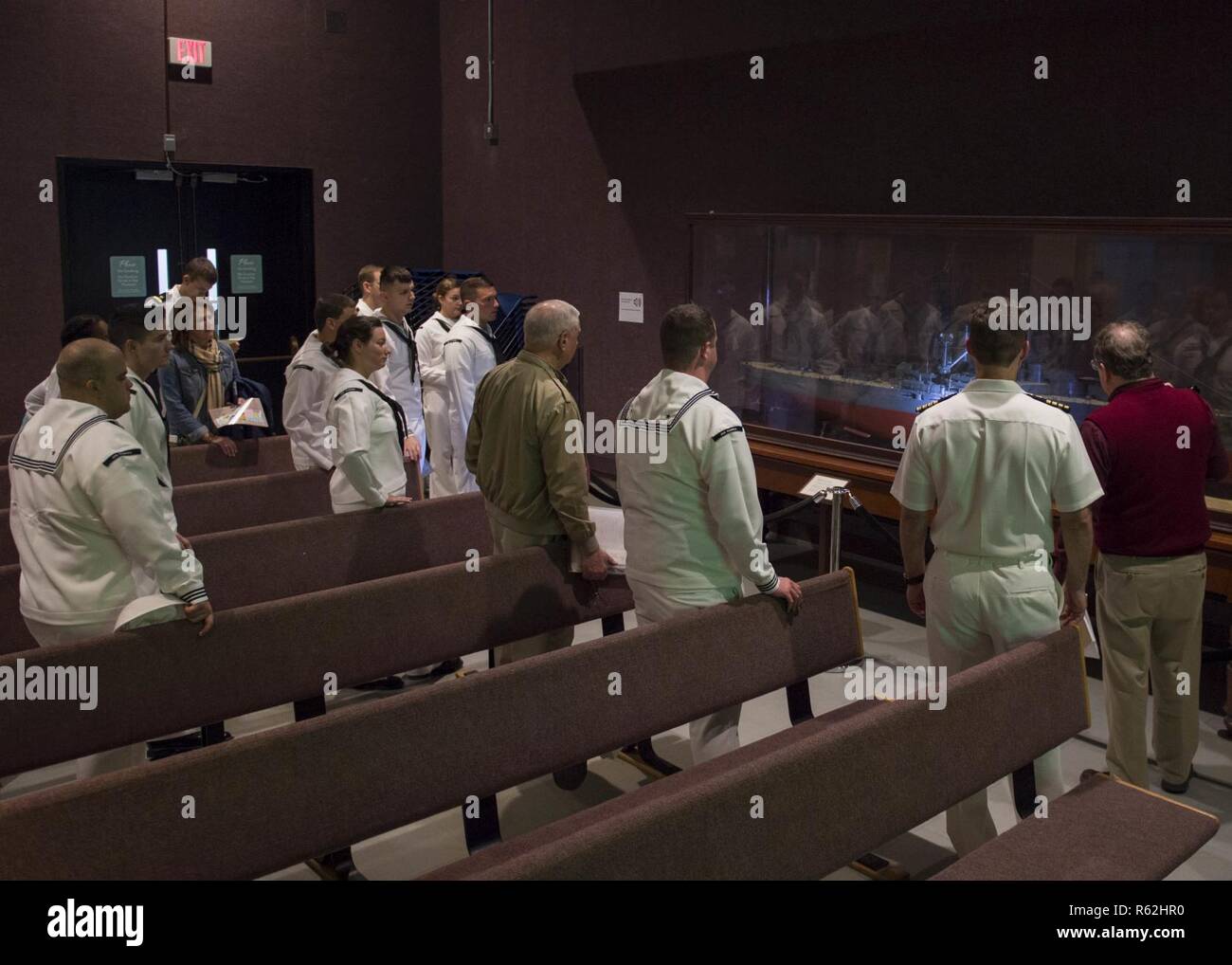 Sailors assigned to the Ohio-class guided-missile submarine USS Florida (SSGN 728) attend a tour of the Museum of Florida History during a namesake visit to the city of Tallahassee. Navy events such as the Florida namesake visit are interactive ways to share what the Navy does for our country with a number of different communities. Florida is one of four guided-missile submarines in the U.S Navy fleet and one of two SSGNs stationed at Naval Submarine Base Kings Bay, Georgia. Stock Photo