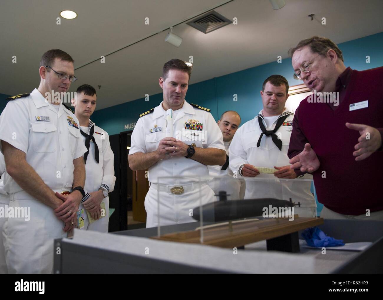 Sailors assigned to the Ohio-class guided-missile submarine USS Florida (SSGN 728) attend a tour of the Museum of Florida History during a namesake visit to the city of Tallahassee. Navy events such as the Florida namesake visit are interactive ways to share what the Navy does for our country with a number of different communities. Florida is one of four guided-missile submarines in the U.S Navy fleet and one of two SSGNs stationed at Naval Submarine Base Kings Bay, Georgia. Stock Photo
