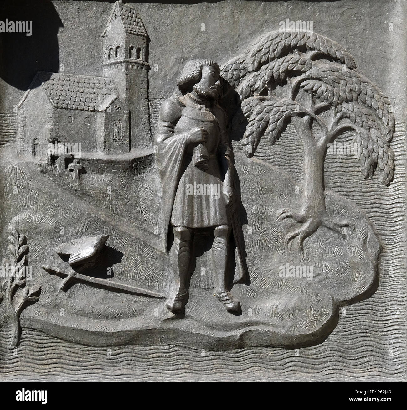 Ulrich von Hutten at Ufenau where he prepared a last resort for Zwingli, relief on the door of the Grossmunster ('great minster') church in Zurich Stock Photo