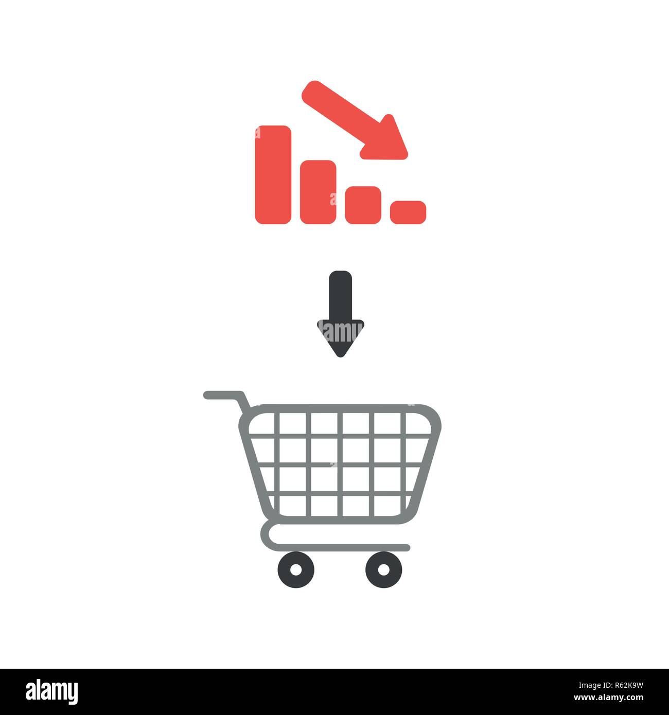 Vector illustration icon concept of shopping cart with bar graph moving down Stock Vector Image