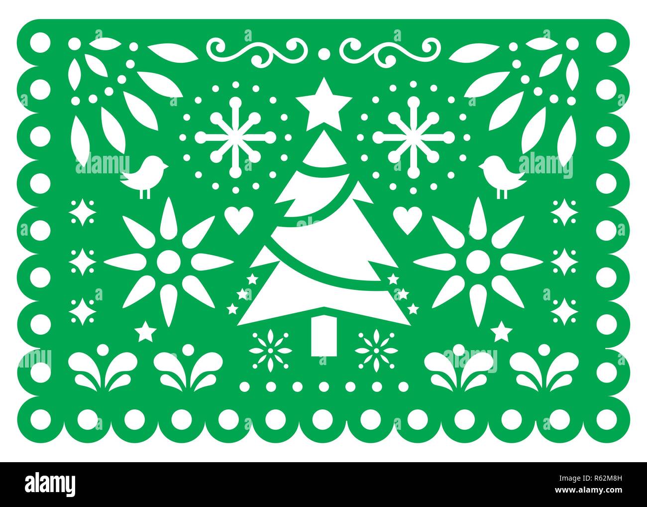 Christmas Papel Picado vector design, Mexican Xmas paper decorations, green and white 5x7 greeting card pattern Stock Vector