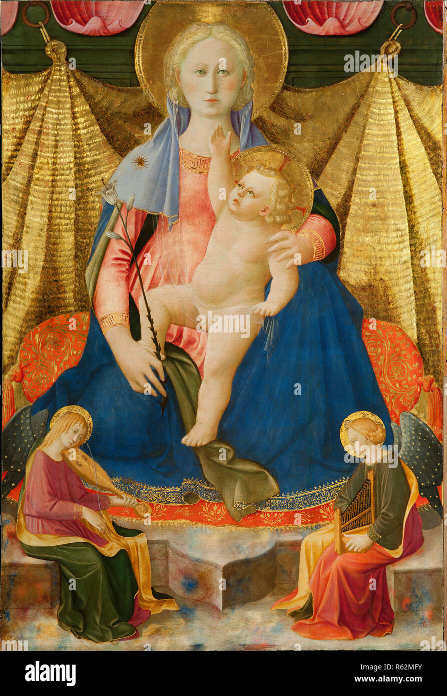 The Madonna of Humility with Two Musician Angels. Date/Period: 1448 - 1450. Panel. Height: 83.50 mm (3.28 in); Width: 56.80 mm (2.23 in). Author: ZANOBI STROZZI. STROZZI, ZANOBI. Stock Photo
