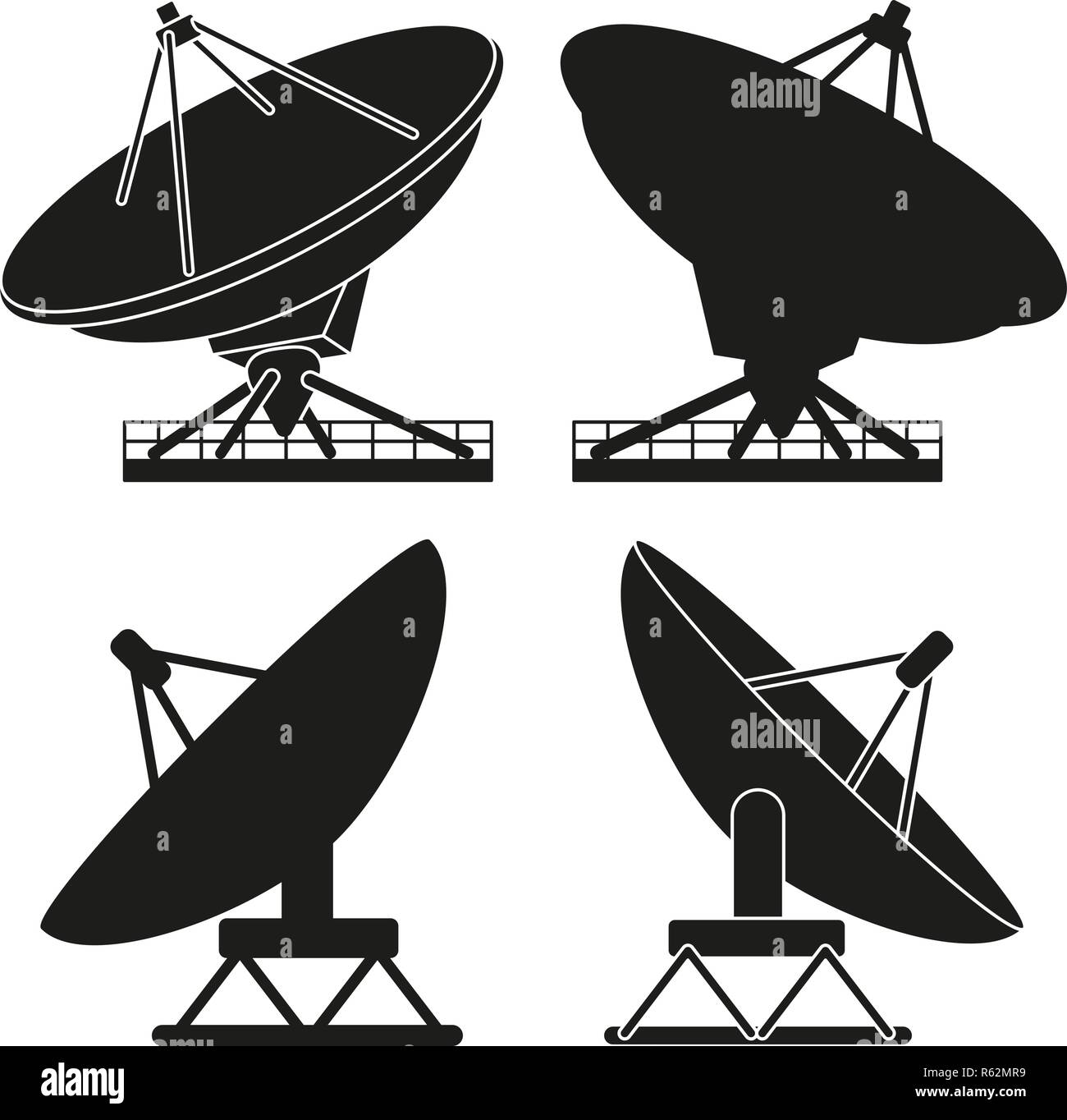 Black and white satellite antena silhouette set Stock Vector