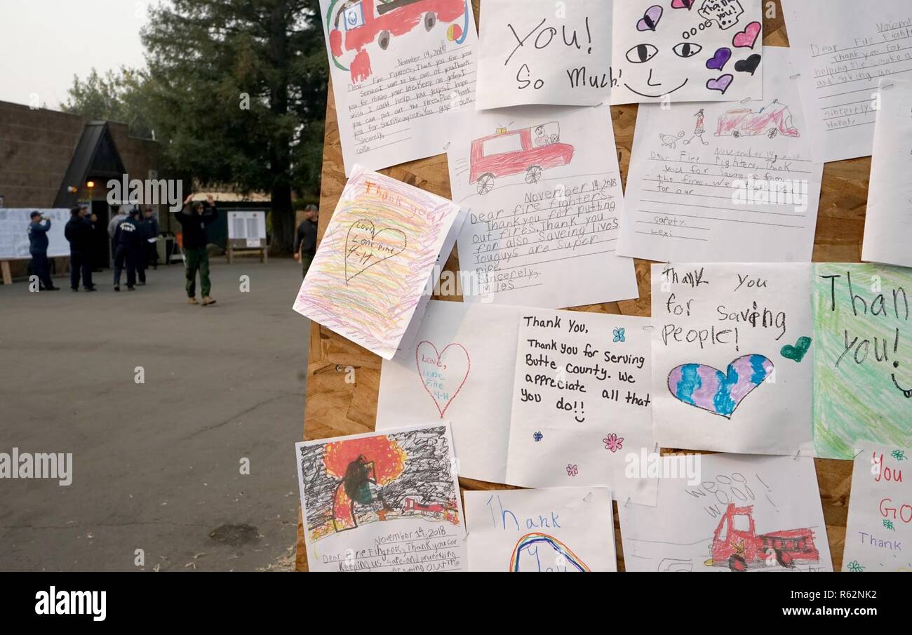 Thank you notes hang outside the Incident Command Post check in at Chico, California, Nov. 18, 2018. Local school children wrote hundreds of letters to offer support and gratitude to the firefighters and state agencies responding to the Camp Fire. Stock Photo