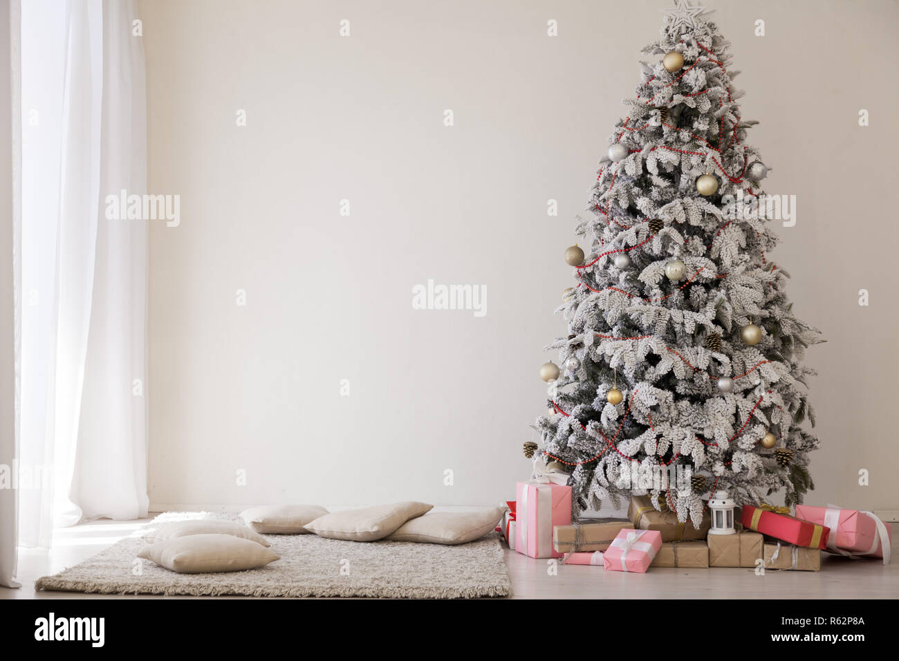 happy holidays Christmas new year tree gifts Interior white room Stock ...