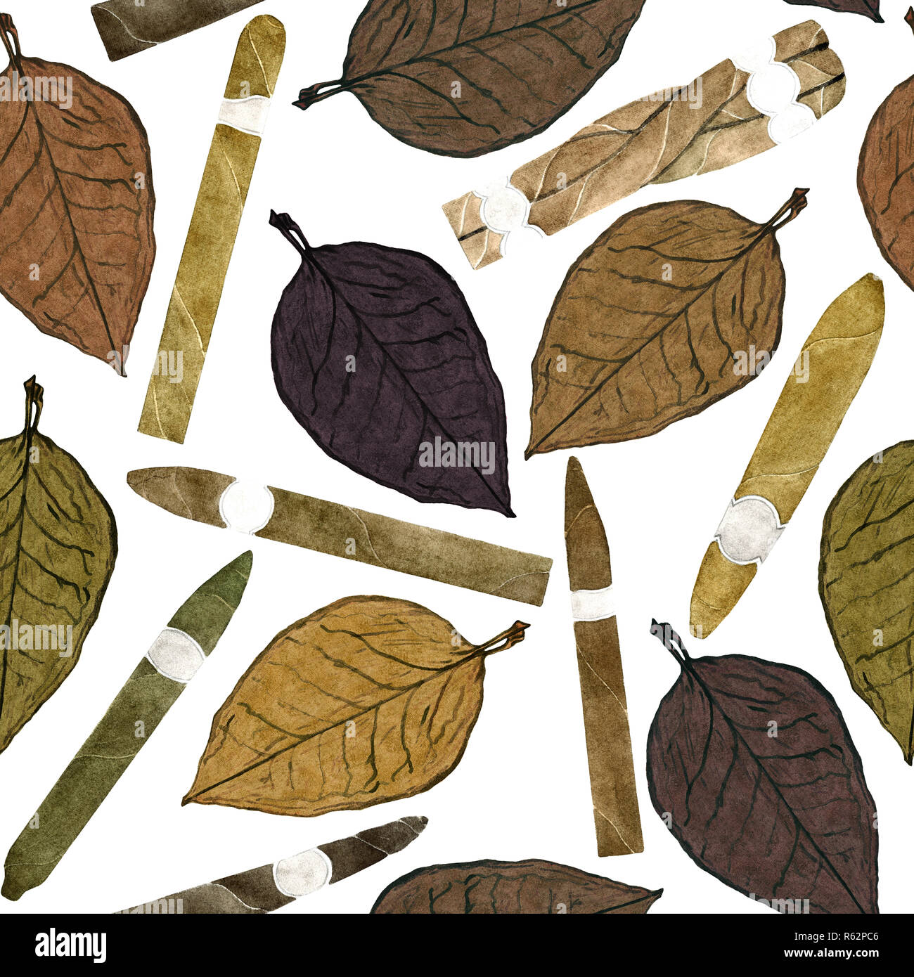 Cigars of different shapes and colors with tobacco leaf, hand painted watercolor illustration with handwritten inscription, seamless pattern design Stock Photo