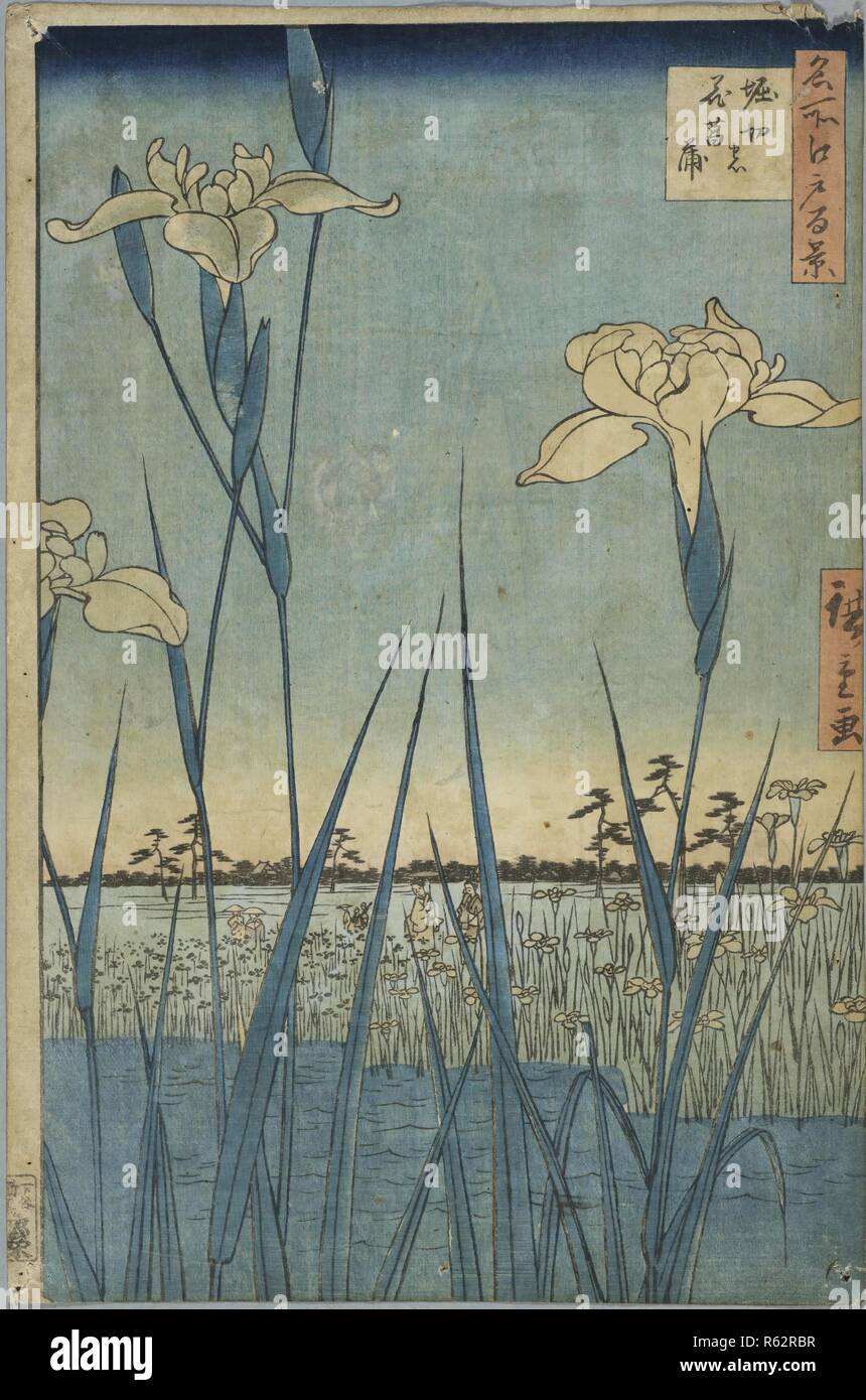 Horikiri Iris Garden, from the series One Hundred Views of Famous Places in Edo. Date: fifth month 1857, Edo. Museum: PRIVATE COLLECTION. Author: HIROSHIGE, UTAGAWA. Utagawa Hiroshige. Stock Photo