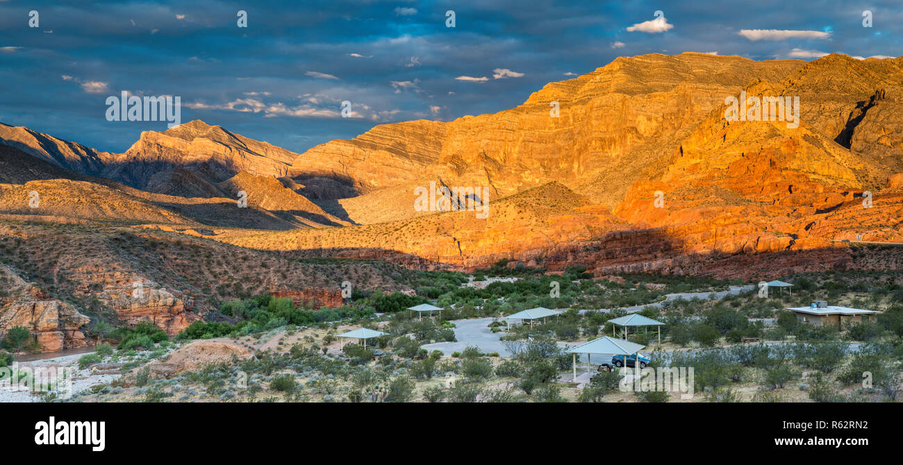 Virgin Mountains at sunrise, Virgin River Canyon Recreation Area, Arizona Strip District, Arizona, USA Stock Photo