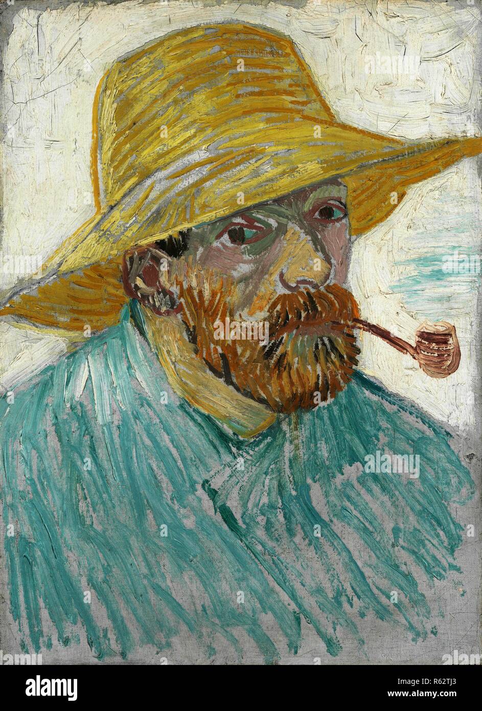 Self-Portrait with Pipe and Straw Hat. Date: September-October 1887, Paris.  Dimensions: 41.9 cm x