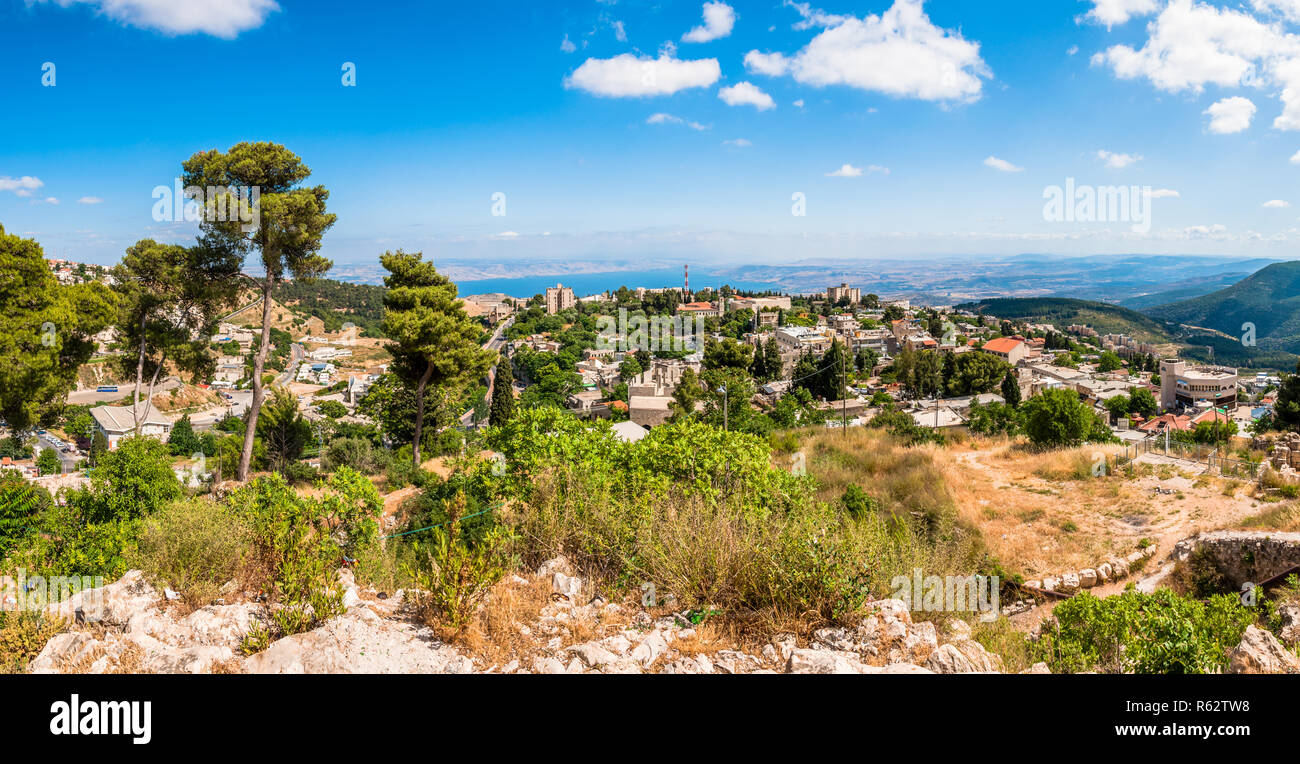 Panoramic view on North Galilee nature, Safed cityscape and Kinneret Lake in Israel Stock Photo