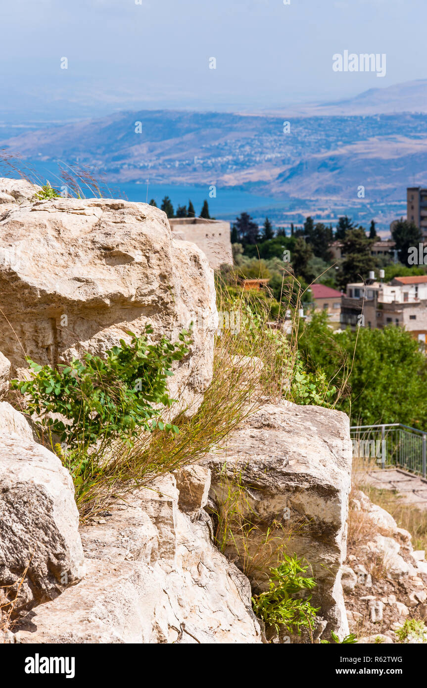 Landscape view on North Galilee nature, Safed cityscape and Kinneret Lake in Israel Stock Photo