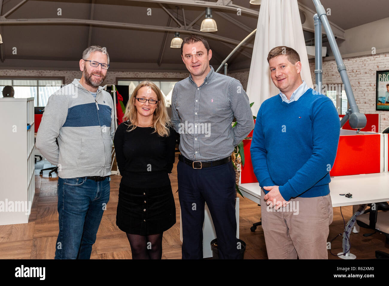 Skibbereen, West Cork, Ireland. 3rd Dec, 2018. Ludgate Hub is celebrating today as it has received €2million in funding, which will be spent on creating 390 jobs across West Cork. The Ludgate Hub is a not for profit company which provides office space and single desks for small companies and start-ups. At the facility this morning were: Oliver Farrell, Board Member; Elma Connolly, Ludgate Hub; Adam Walsh, Board Member and Kevin Buckley, Board Member. Credit: Andy Gibson/Alamy Live News. Stock Photo