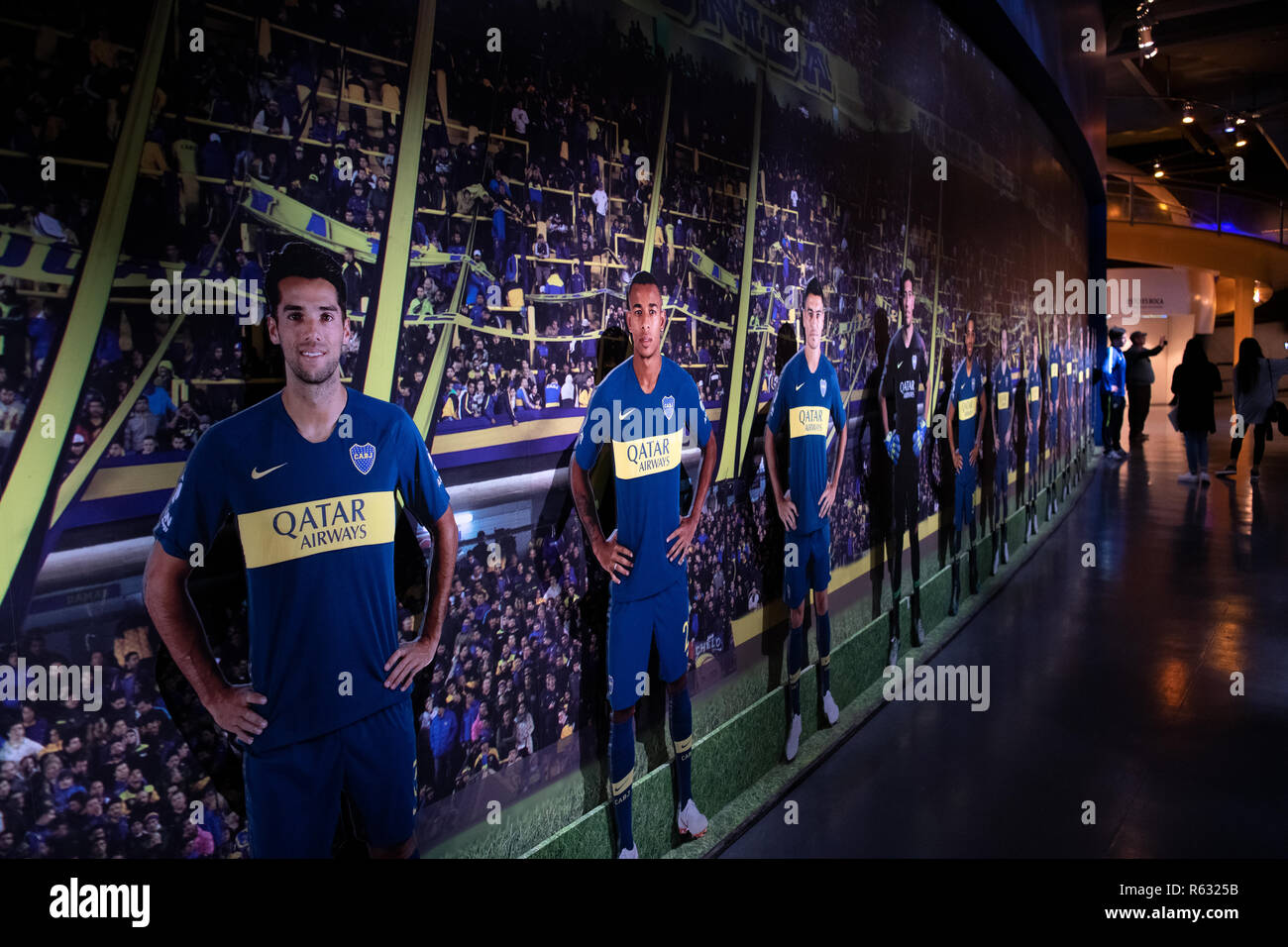 02 December 2018, Argentina, Buenos Aires: Pictures of the Atlético Boca  Juniors (CABJ) club footballers, known as Boca Juniors, in an exhibition at  the la Bombonera stadium in the La Boca district