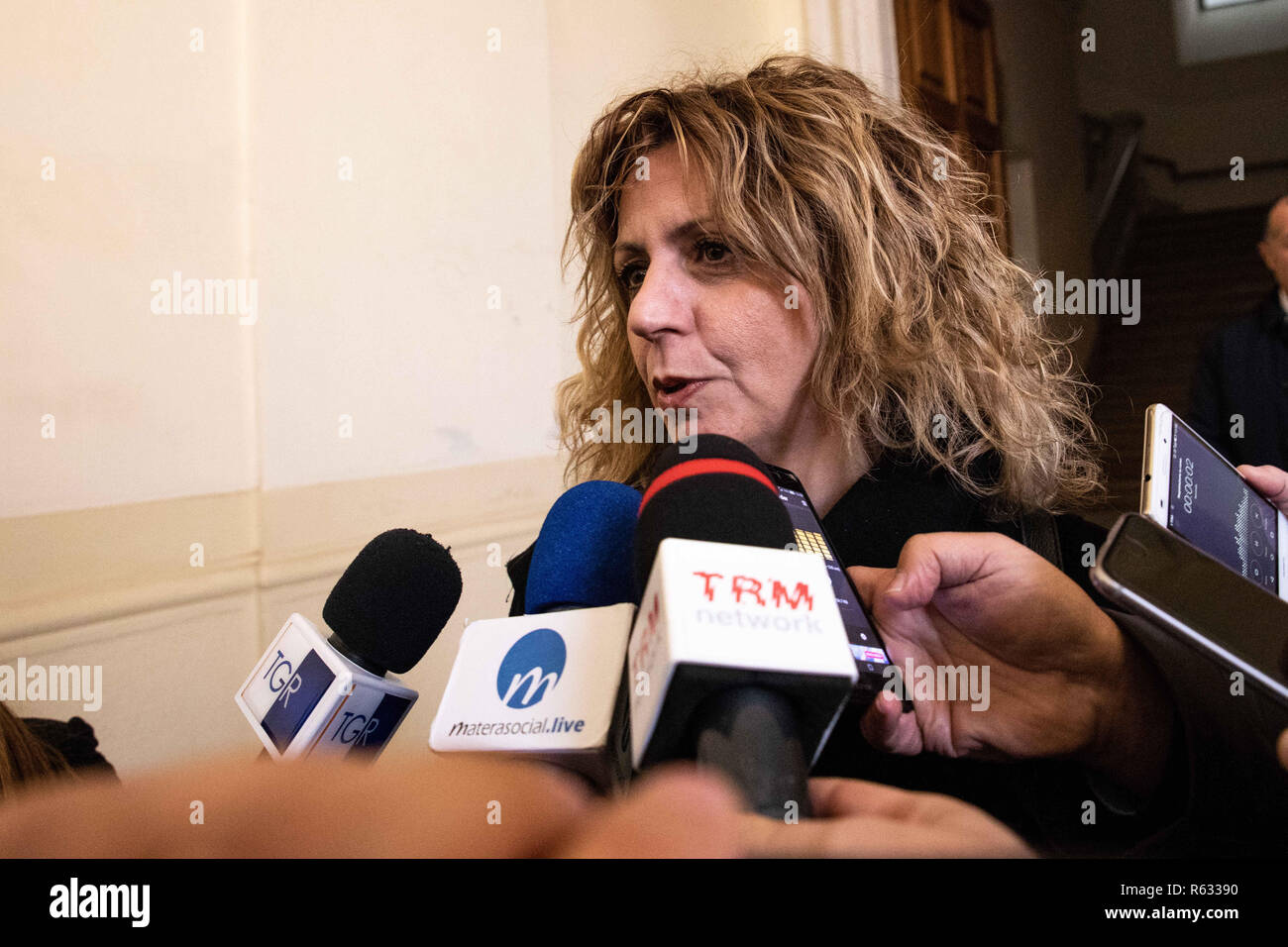 Matera, MT, Italy. 3rd Dec, 2019. The Minister of the South Barbara lezzi seen speaking at a press conference after the coordination meeting with the Municipality of Matera, the Matera Foundation 2019, FAL, Anas, Invitalia to check the time schedule of the infrastructural works planned for Matera 2019. Credit: Cosimo Martemucci/SOPA Images/ZUMA Wire/Alamy Live News Stock Photo