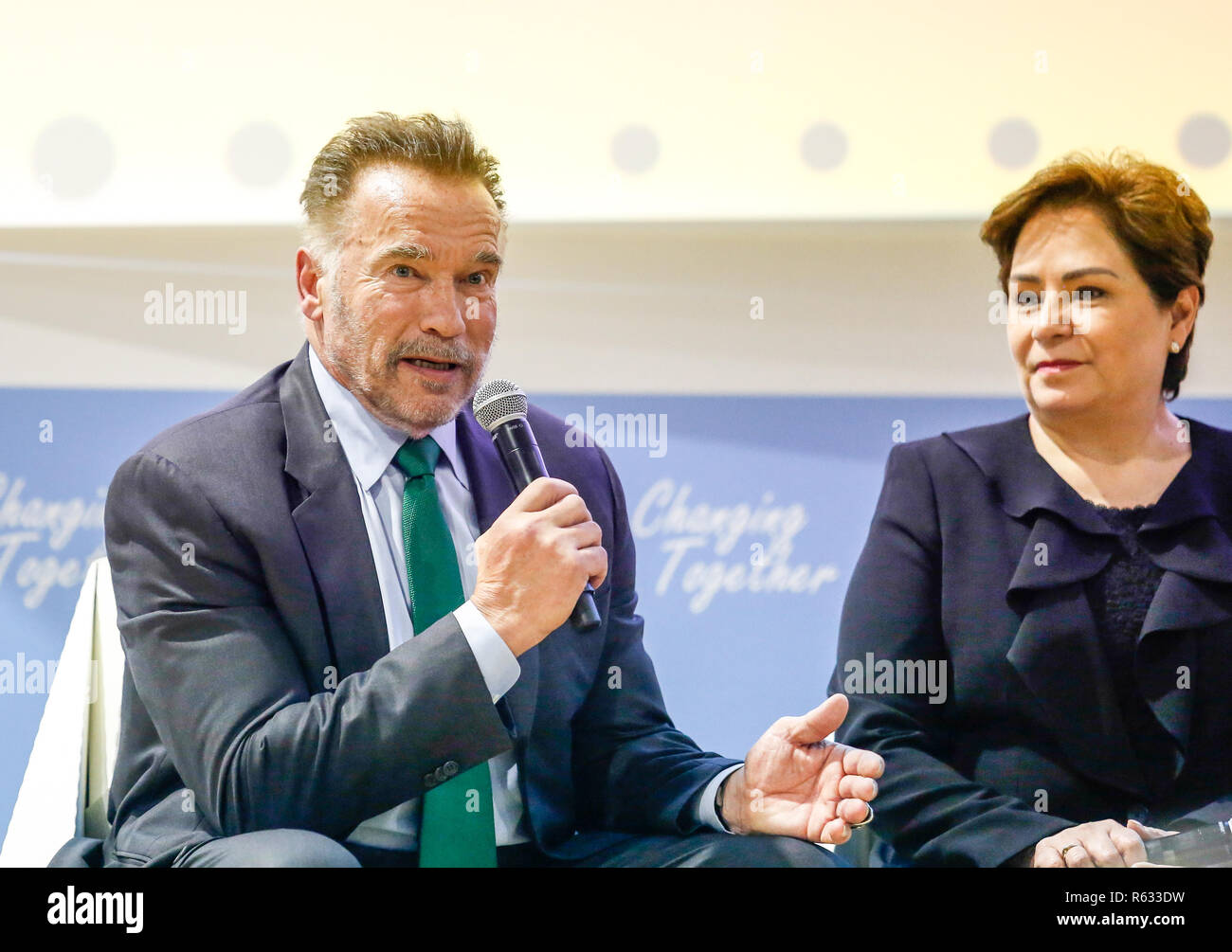 Katowice, Poland. 3rd December, 2018. Arnold Schwarzenegger, USC Schwarzenegger Institute Chair and ex-Governor of California and Patricia Espinosa, Executive Secretary of UNFCCC during the Action Hub Opening panel at the COP24 Katowice, Poland on the 3rd of December 2018. COP24 is organized by UN Framework Convention for Climate Change (UNFCCC). Credit: Michal Busko/Alamy Live News Stock Photo