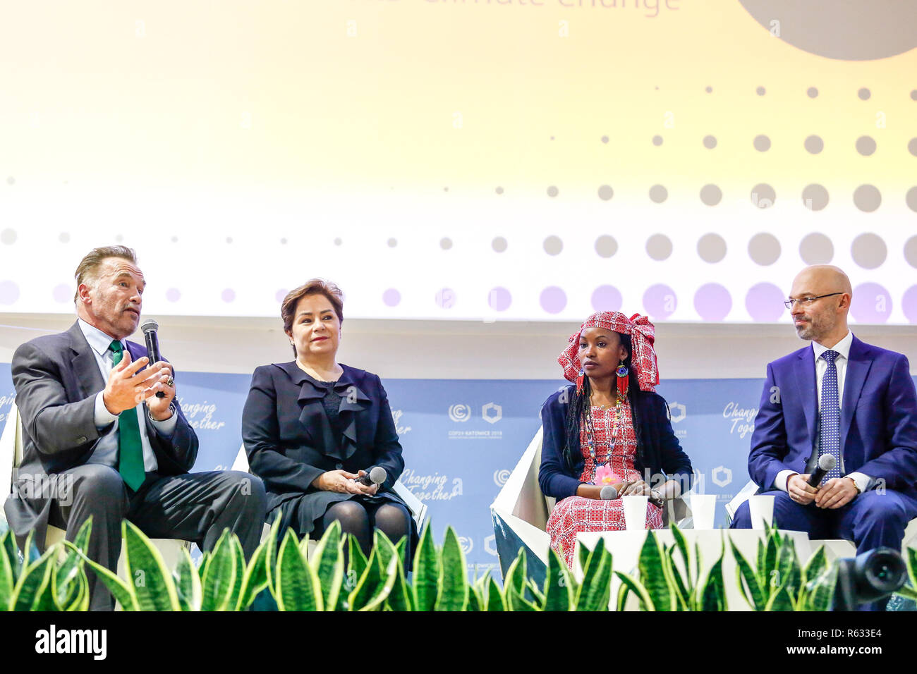 Katowice, Poland. 3rd December, 2018. Arnold Schwarzenegger, USC Schwarzenegger Institute Chair and ex-Governor of California, Patricia Espinosa, Executive Secretary of UNFCCC, Hindou Ibrahim, Indigenous Leader and Michal Kurtyka, State Secretary in the Ministry of Energy in Poland during the Action Hub Opening panel at the COP24 Katowice, Poland on the 3rd of December 2018. COP24 is organized by UN Framework Convention for Climate Change (UNFCCC). Credit: Michal Busko/Alamy Live News Stock Photo