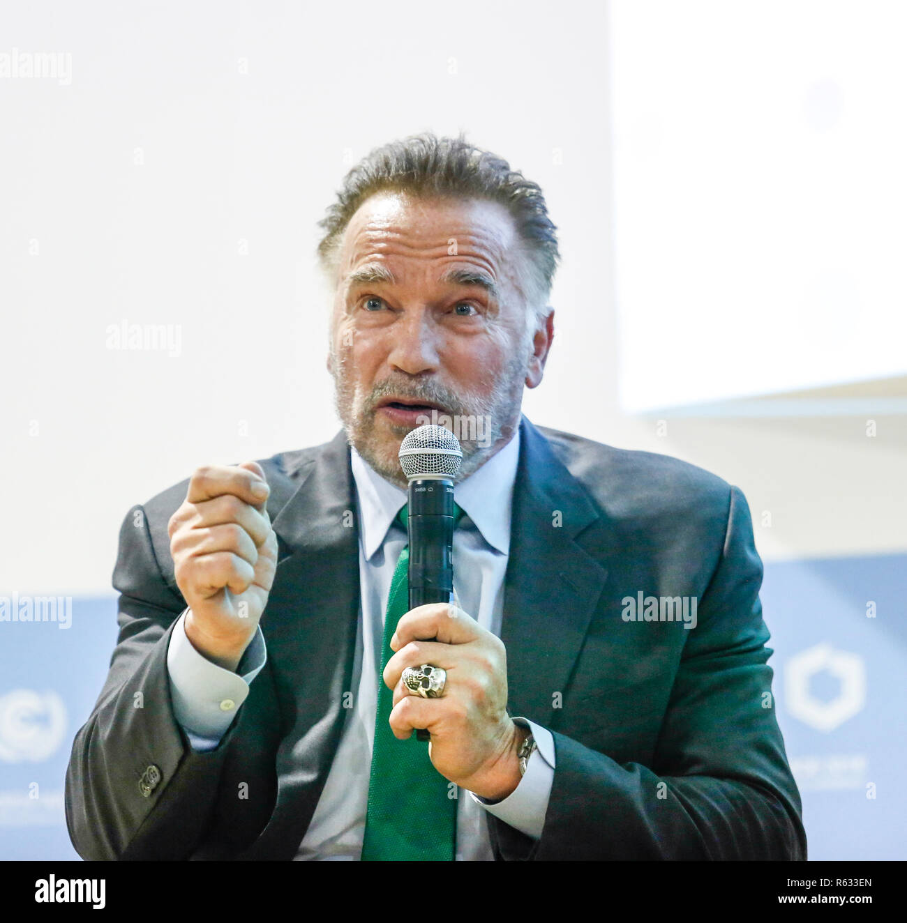 Katowice, Poland. 3rd December, 2018. Arnold Schwarzenegger, USC Schwarzenegger Institute Chair and ex-Governor of California during the Action Hub Opening panel at the COP24 Katowice, Poland on the 3rd of December 2018. COP24 is organized by UN Framework Convention for Climate Change (UNFCCC). Credit: Michal Busko/Alamy Live News Stock Photo