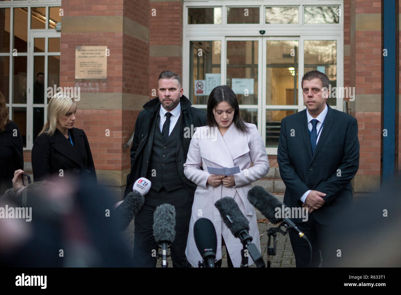 Stafford, UK. 3 December 2018. Gemma Eastwood, the sister of murdered midwife Samantha Eastwood, and Detective Inspector Dan Ison speak to media outside Stafford Crown Court. Michael Stirling was sentenced to life in prison for the murder last July. Credit: Benjamin Wareing/ Alamy Live News Stock Photo